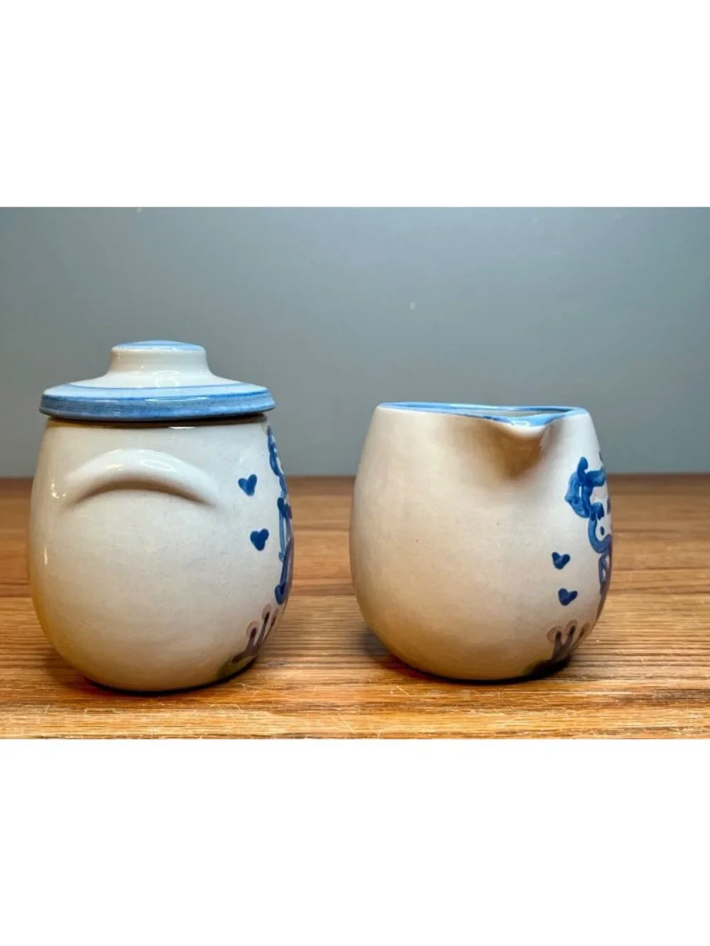 Vintage M.A. Hadley Stoneware Sugar Bowl & Creamer, Hand-Painted Farm Animal The